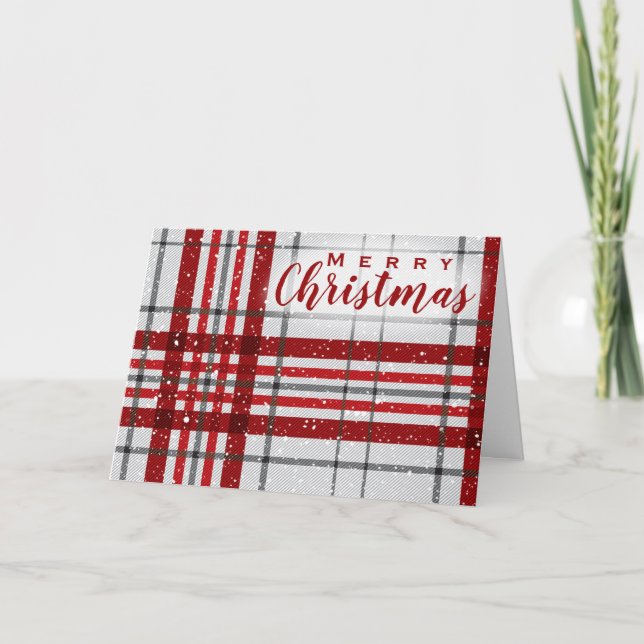 Cartes Pour Fêtes Annuelles Joyeux script de Noël Plaid Motif gris rouge (Devant)