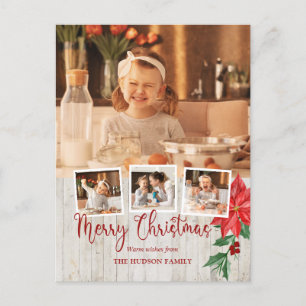 Cartes Pour Fêtes Annuelles Joyeux Script de Noël, Poinsettia, Rustique 4-Phot