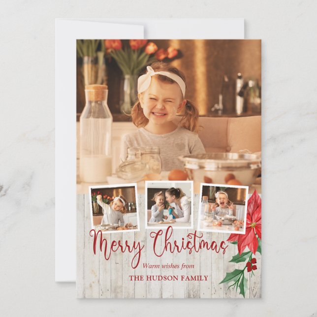 Cartes Pour Fêtes Annuelles Joyeux Script de Noël, Poinsettia, Rustique 4-Phot (Devant)