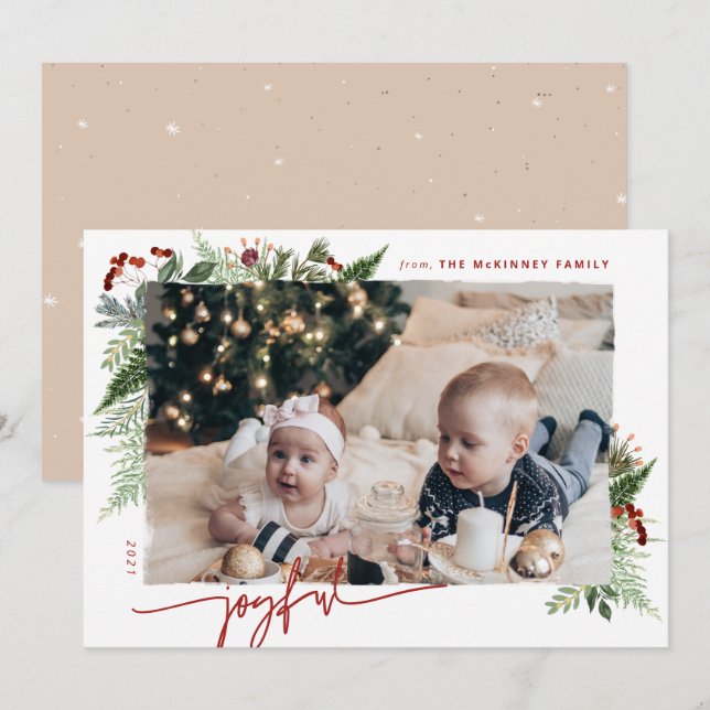 Cartes Pour Fêtes Annuelles JOYEUX Script Moderne Boho Verdure Bourgogne Beige (Devant / Derrière)