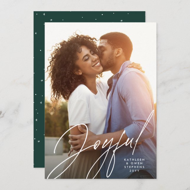 Cartes Pour Fêtes Annuelles Joyeux script moderne une photo vert Noël (Devant / Derrière)