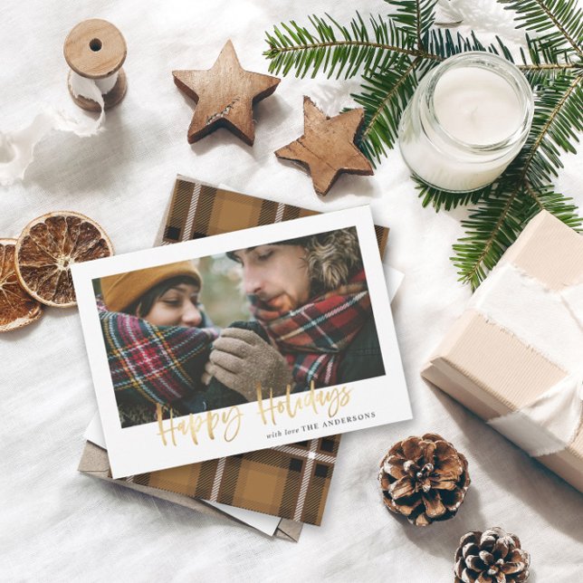Cartes Pour Fêtes Annuelles Joyeux script or noël moutarde tartan 1 photo (Créateur téléchargé)