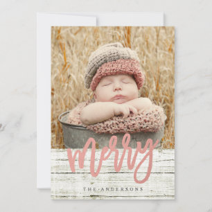 Cartes Pour Fêtes Annuelles Joyeux Script Rose Gold Foil Rustique Bois Photo