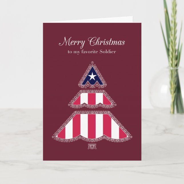 Cartes Pour Fêtes Annuelles Joyeux soldat favori de Noël, arbre patriotique (Devant)