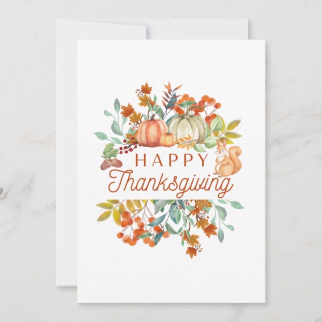 Cartes Pour Fêtes Annuelles Joyeux Thanksgiving Aquarelle Citrouilles, Baies  (Devant)