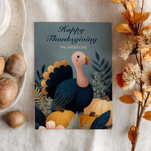 Cartes Pour Fêtes Annuelles Joyeux Thanksgiving avec un dindon mignon & feuill