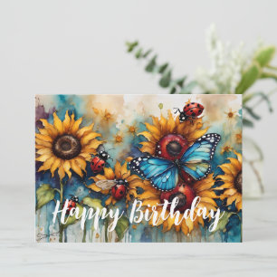 Cartes Pour Fêtes Annuelles Joyeux tournesol d'anniversaire, papillon et cocci