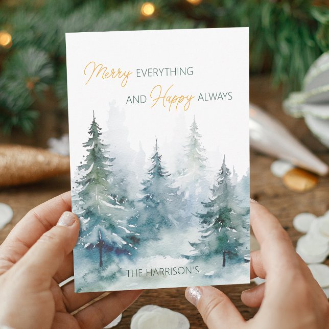 Cartes Pour Fêtes Annuelles Joyeux Tout Heureux Toujours Arbres d'Hiver Plat (Merry Everything Happy Always Winter Trees Flat Holiday Card)