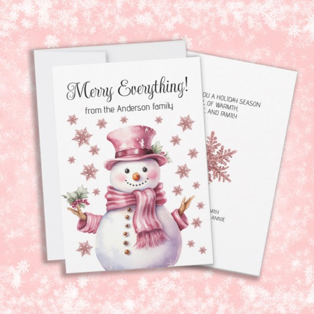 Cartes Pour Fêtes Annuelles Joyeux Tout Pink Snowman Snowflakes (Cute pink snowman and snowflakes "Merry Everything" custom Christmas/holiday greeting card.)