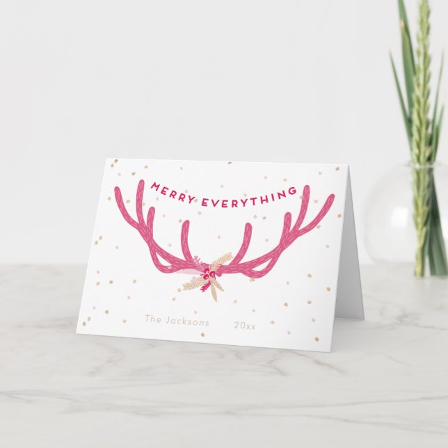 Cartes Pour Fêtes Annuelles Joyeux tout rose Antlers Noël sur blanc (Devant)