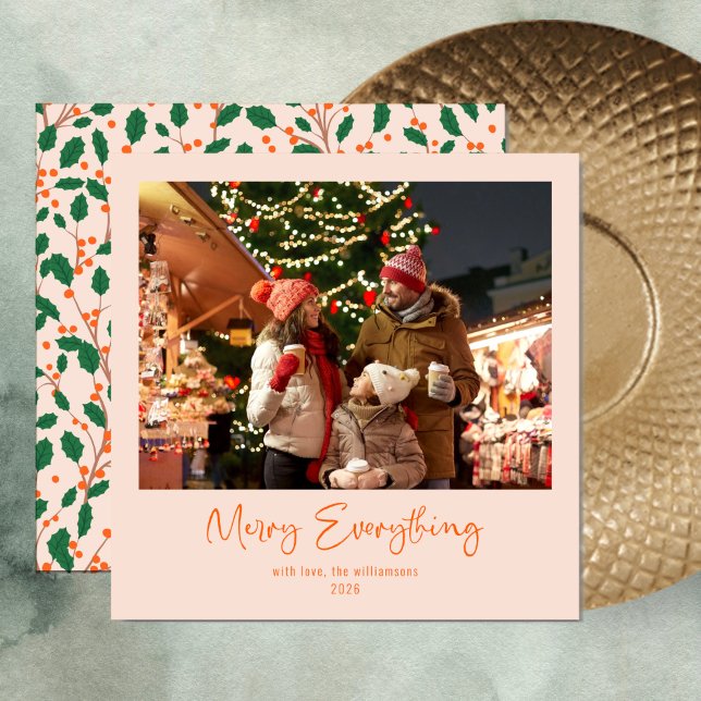 Cartes Pour Fêtes Annuelles Joyeux tout rose vert Holly photo botanique (Créateur téléchargé)