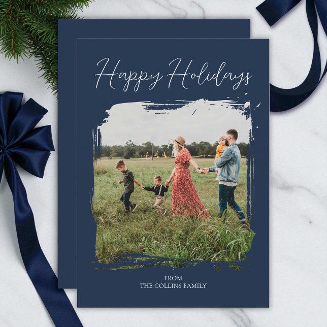 Cartes Pour Fêtes Annuelles Joyeux Vacances Bleu Script Moderne Minimal Photo (Happy Holidays Blue Script Modern Minimal Photo Holiday Card)
