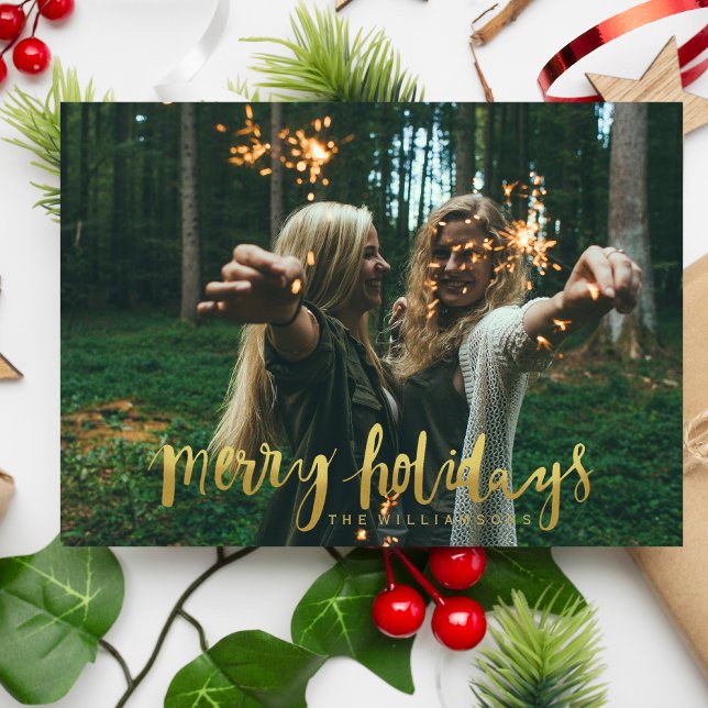 Cartes Pour Fêtes Annuelles Joyeux vacances Élégante Gold Script Photo (Créateur téléchargé)