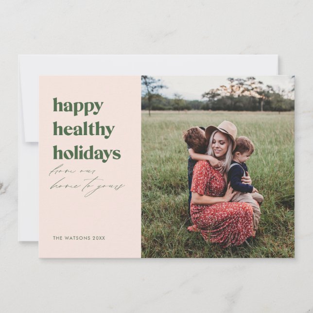 Cartes Pour Fêtes Annuelles Joyeux Vacances en santé Photo Blush et vert (Devant)