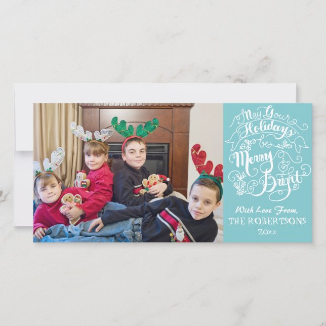 Cartes Pour Fêtes Annuelles Joyeux Vacances Lumineuses Aqua Photo moderne Noël (Devant)