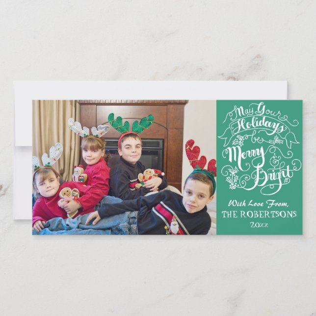 Cartes Pour Fêtes Annuelles Joyeux Vacances Lumineuses Vert Photo Moderne Noël (Devant)