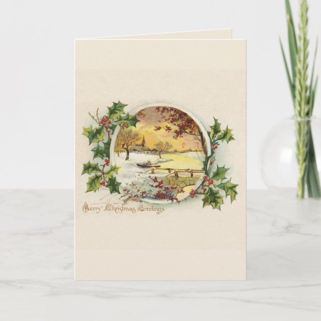Cartes Pour Fêtes Annuelles Joyeux voeux de Noël Scène Village Vintage (Devant)