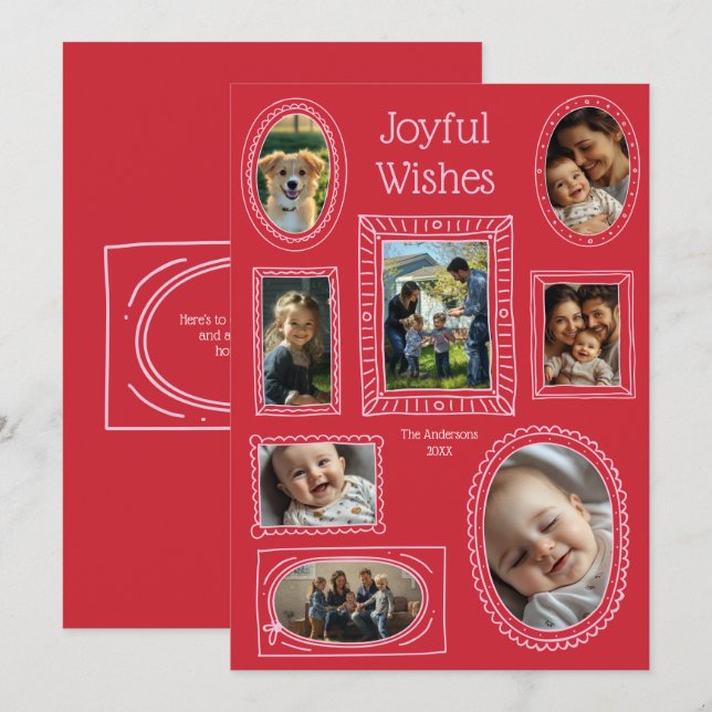 Cartes Pour Fêtes Annuelles Joyeux Voeux Red Doodle cadre photo Collage (Devant / Derrière)