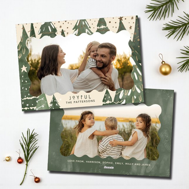 Cartes Pour Fêtes Annuelles Joyful 2 Photo Famille Hiver Arbres de Noël (Créateur téléchargé)