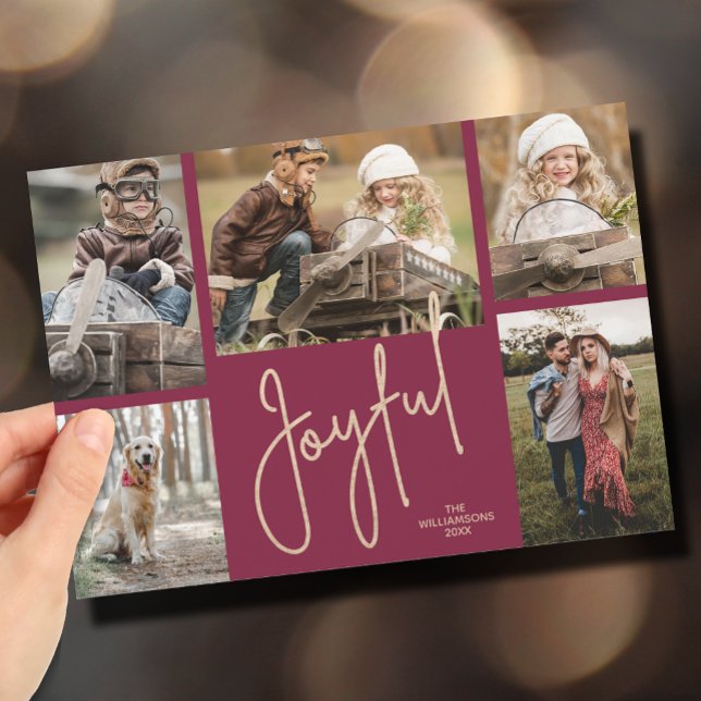 Cartes Pour Fêtes Annuelles JOYFUL 5 Photo Cranberry Noël (Gold JOYFUL Multi Photo Christmas Holiday Cards - INSTANT DOWNLOAD and/or PRINTED or both!)