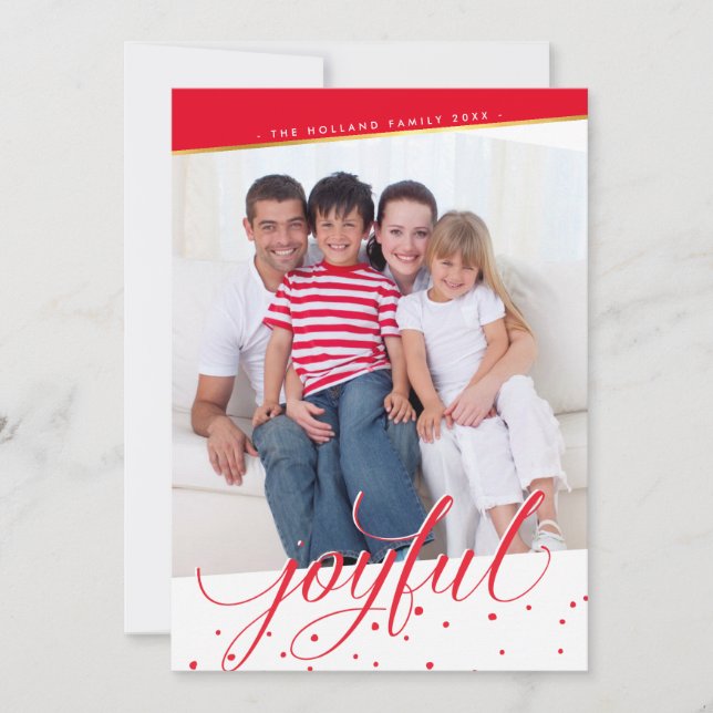Cartes Pour Fêtes Annuelles JOYFUL HOLIDAY PHOTO stylisée calligraphie or roug (Devant)