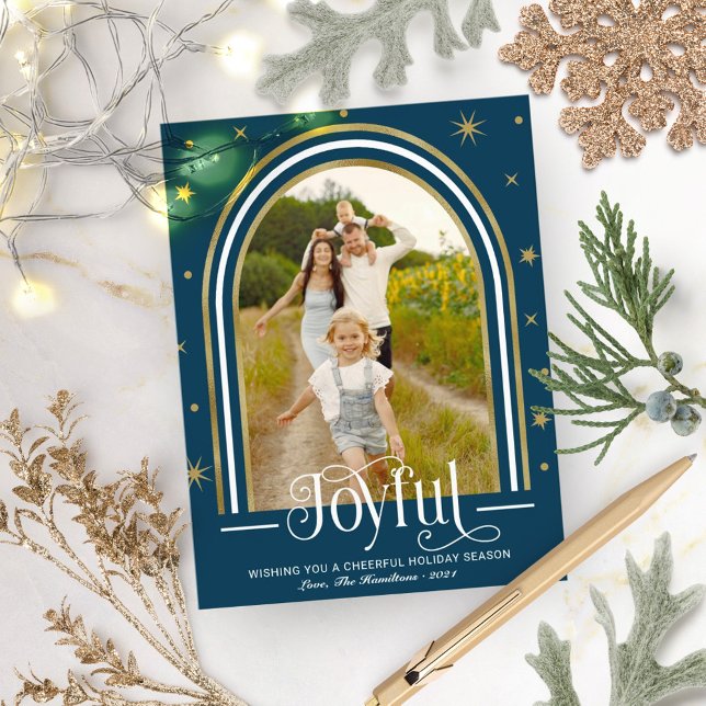Cartes Pour Fêtes Annuelles Joyful Modern Arch Frame Family Photo Blue (Créateur téléchargé)