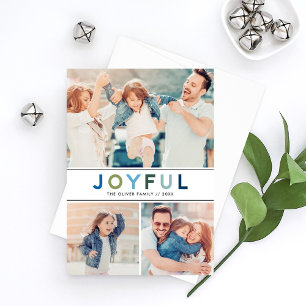 Cartes Pour Fêtes Annuelles Joyful Modern Blue Green Lettering Photo Collage