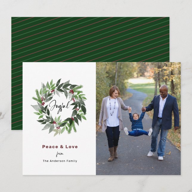 Cartes Pour Fêtes Annuelles Joyful Peace and Love Christmas Wreath Photo (Devant / Derrière)