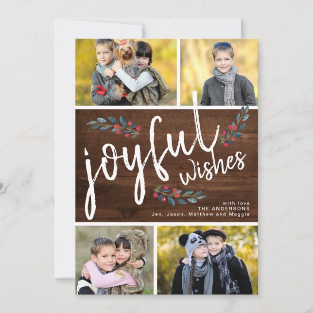 Cartes Pour Fêtes Annuelles Joyful Wish Dark Wood Noël 4 Photo Collage (Devant)
