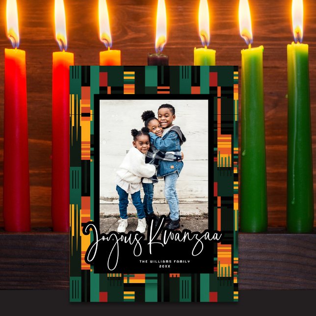 Cartes Pour Fêtes Annuelles Joyous Kwanzaa Script moderne Kente Cloth Photo (Créateur téléchargé)