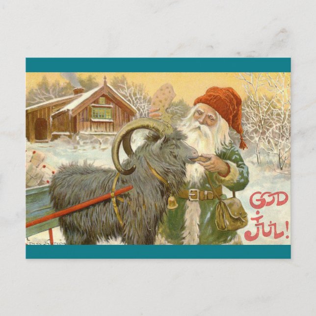 Cartes Pour Fêtes Annuelles Jultomten nourrit Yule Chèvre un biscuit (Devant)