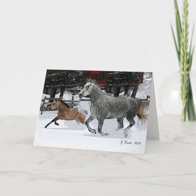 Cartes Pour Fêtes Annuelles Jument et poulain courant dans la neige (Devant)