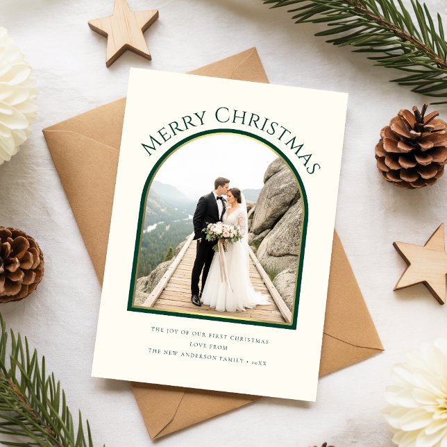 Cartes Pour Fêtes Annuelles Just Married Newlywed Couple Arch Photo Christmas (Créateur téléchargé)