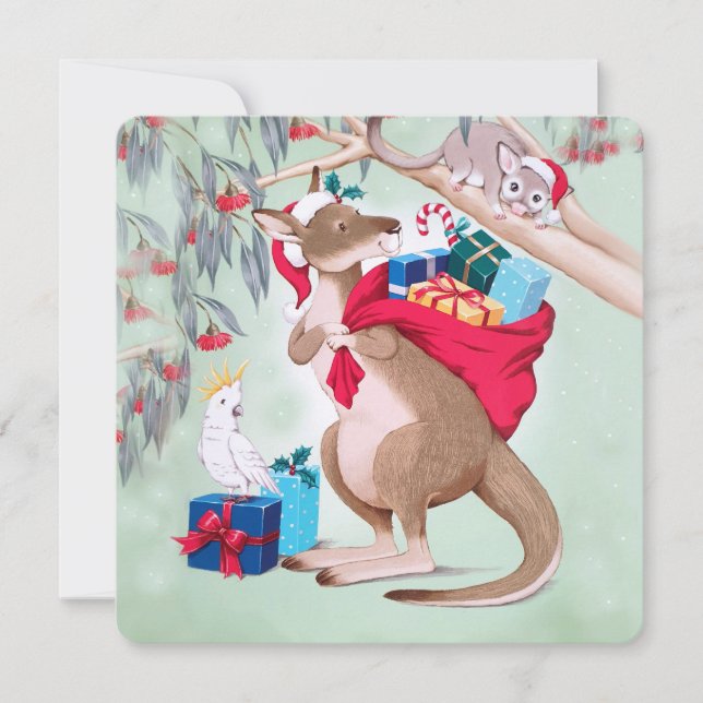 Cartes Pour Fêtes Annuelles Kangaroo Père Noël Sac Possum Cockatoo Joyeux Noël (Devant)