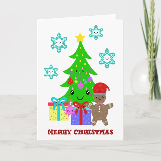 Cartes Pour Fêtes Annuelles Kawaii mignon font face à la scène d'arbre de (Devant)