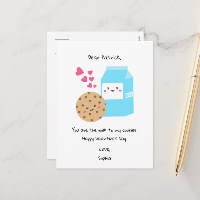 Cartes Pour Fêtes Annuelles Kawaii Milk Cookies Saint Valentin mignonne sucré (Devant/Arrière en situation)