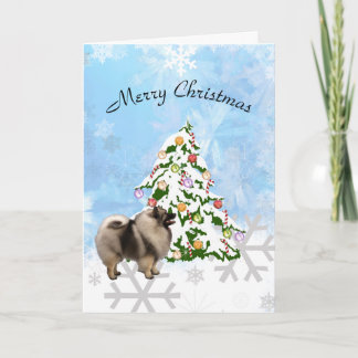 Cartes Pour Fêtes Annuelles Keeshond avec l'arbre de Noël sur le cristal bleu