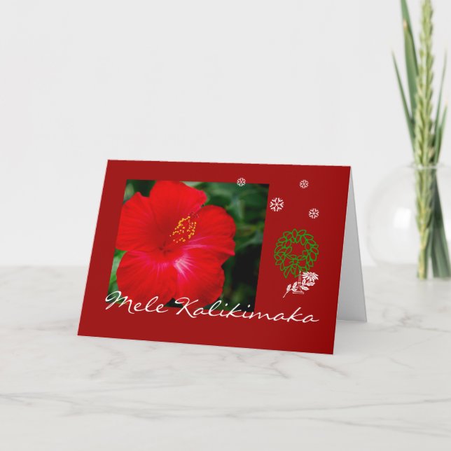 Cartes Pour Fêtes Annuelles Ketmie rouge tropicale d'Hawaï, Mele Kalikimaka (Devant)