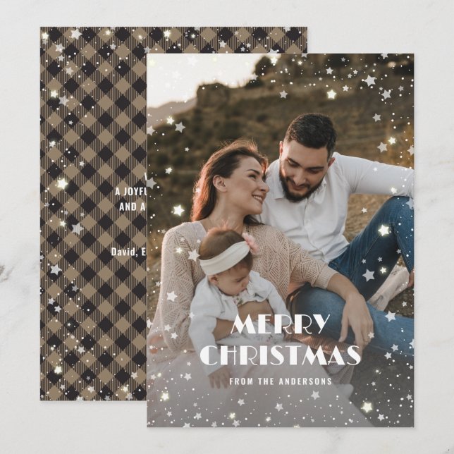 Cartes Pour Fêtes Annuelles Khaki Buffalo Plaid Neige Stars Photo Noël (Devant / Derrière)