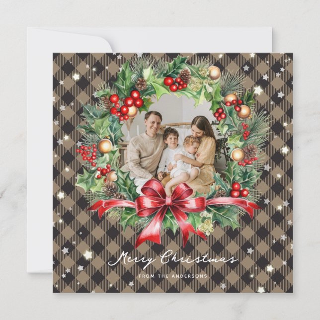 Cartes Pour Fêtes Annuelles Khaki Buffalo Plaid Wreath Stars Photo Noël (Devant)