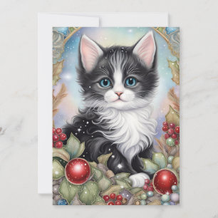 Cartes Pour Fêtes Annuelles Kitten smoking et houx cadre fantaisiste