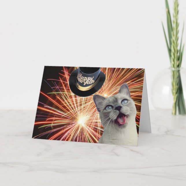 Cartes Pour Fêtes Annuelles Kitty avec feux d'artifice (Devant)