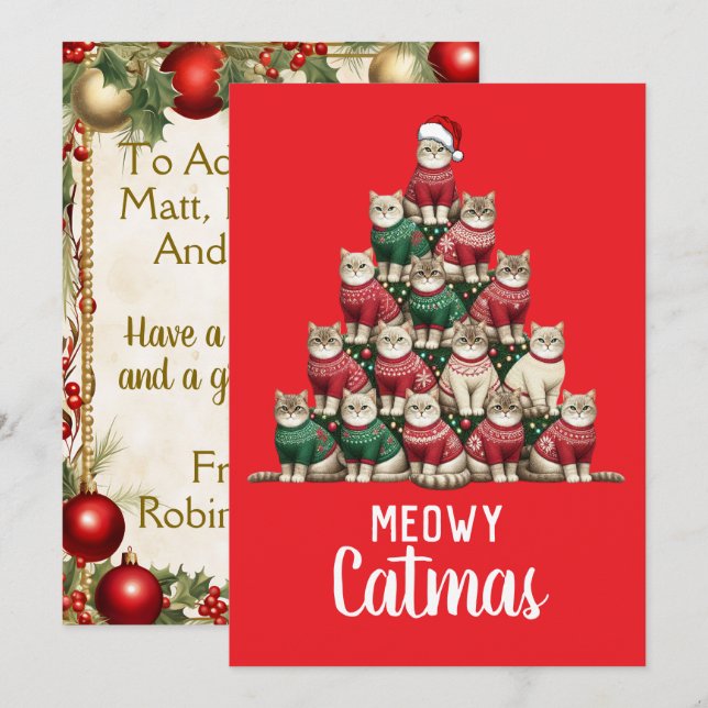 Cartes Pour Fêtes Annuelles Kitty Meowy Catmas Arbre de Noël (Devant / Derrière)