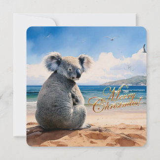 Cartes Pour Fêtes Annuelles Koala sur une plage de sable Joyeux Noël