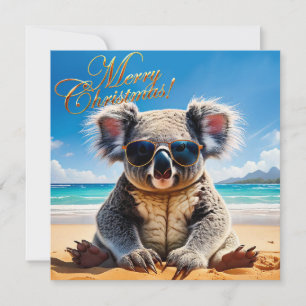 Cartes Pour Fêtes Annuelles Koala sur une plage de sable Joyeux Noël