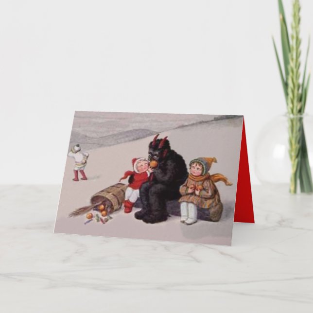Cartes Pour Fêtes Annuelles Krampus Jouant Avec Des Enfants Neige (Devant)