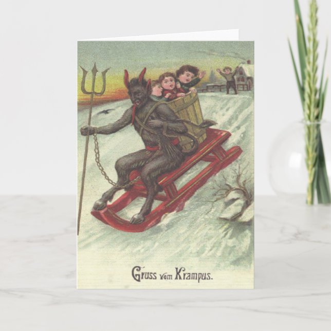 Cartes Pour Fêtes Annuelles Krampus Kidnapping Enfants Sur Le Drapeau (Devant)