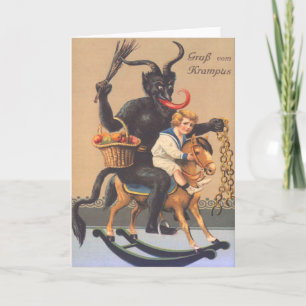 Cartes Pour Fêtes Annuelles Krampus montant un dada avec un garçon