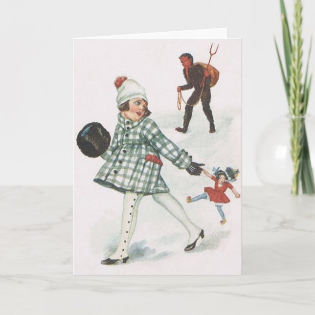 Cartes Pour Fêtes Annuelles Krampus Poursuivant Une Petite Fille Avec Poupée (Devant)