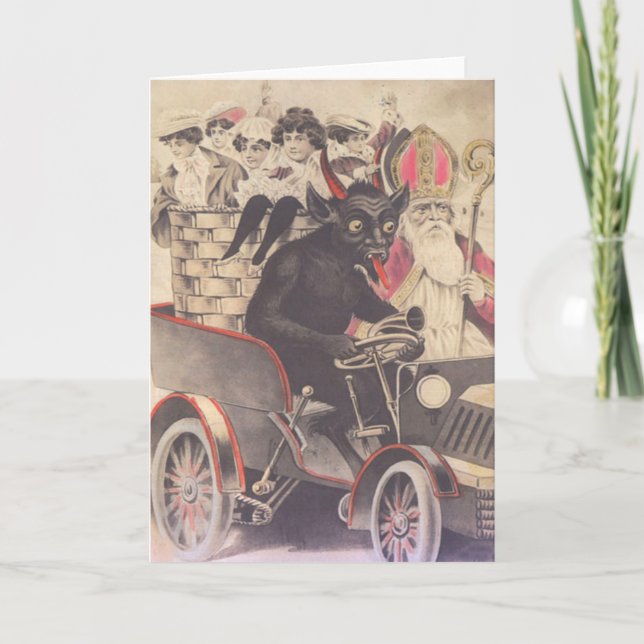 Cartes Pour Fêtes Annuelles Krampus & Prêtre Conduite Avec Des Enfants (Devant)